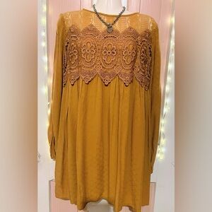 Exhilarations Mustard Crochet Yoke Long Sleeve Tunic Dress